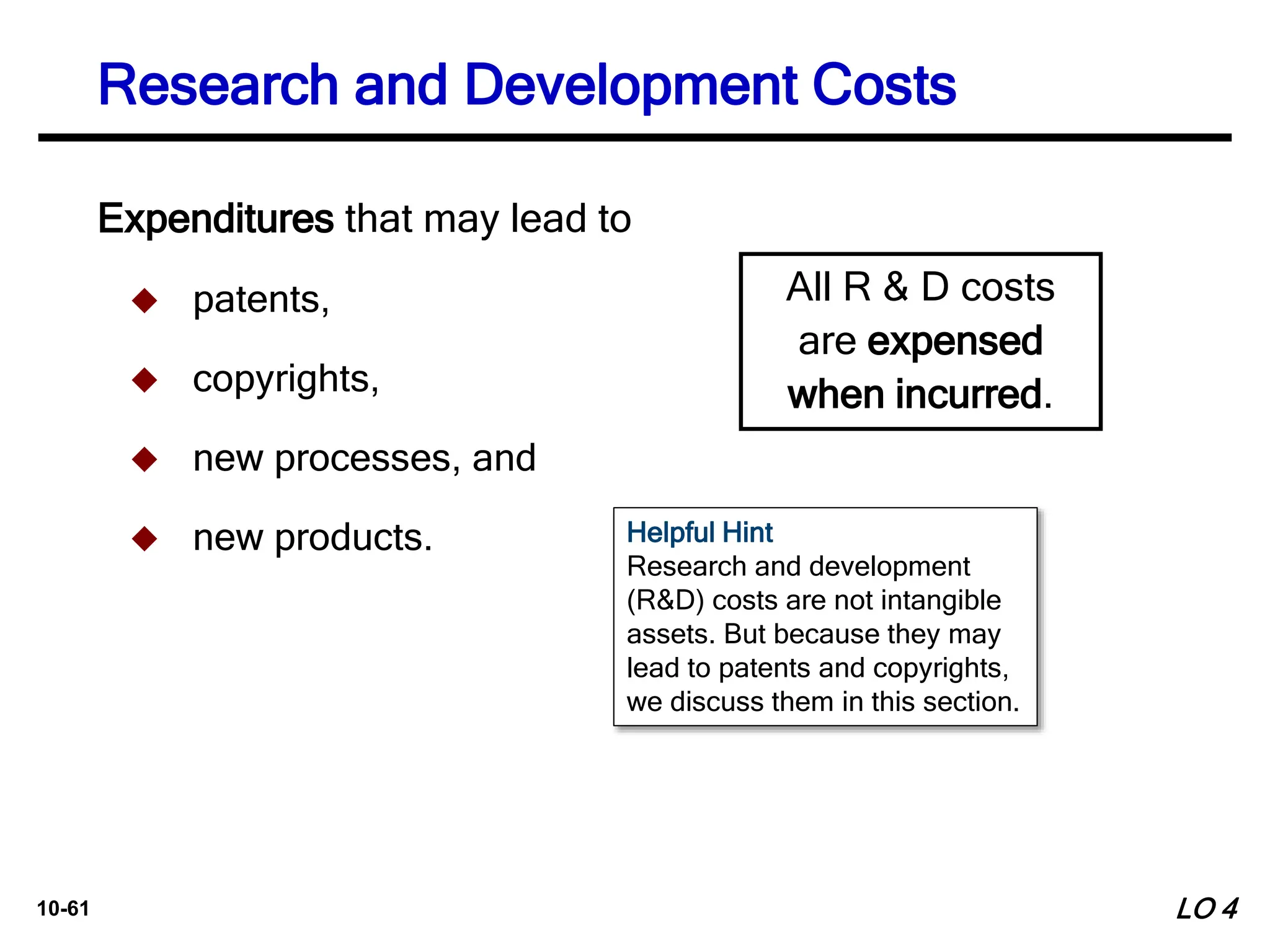 10-61
Expenditures that may lead to
 patents,
 copyrights,
 new processes, and
 new products.
All R & D costs
are expensed
when incurred.
Research and Development Costs
Helpful Hint
Research and development
(R&D) costs are not intangible
assets. But because they may
lead to patents and copyrights,
we discuss them in this section.
LO 4
 