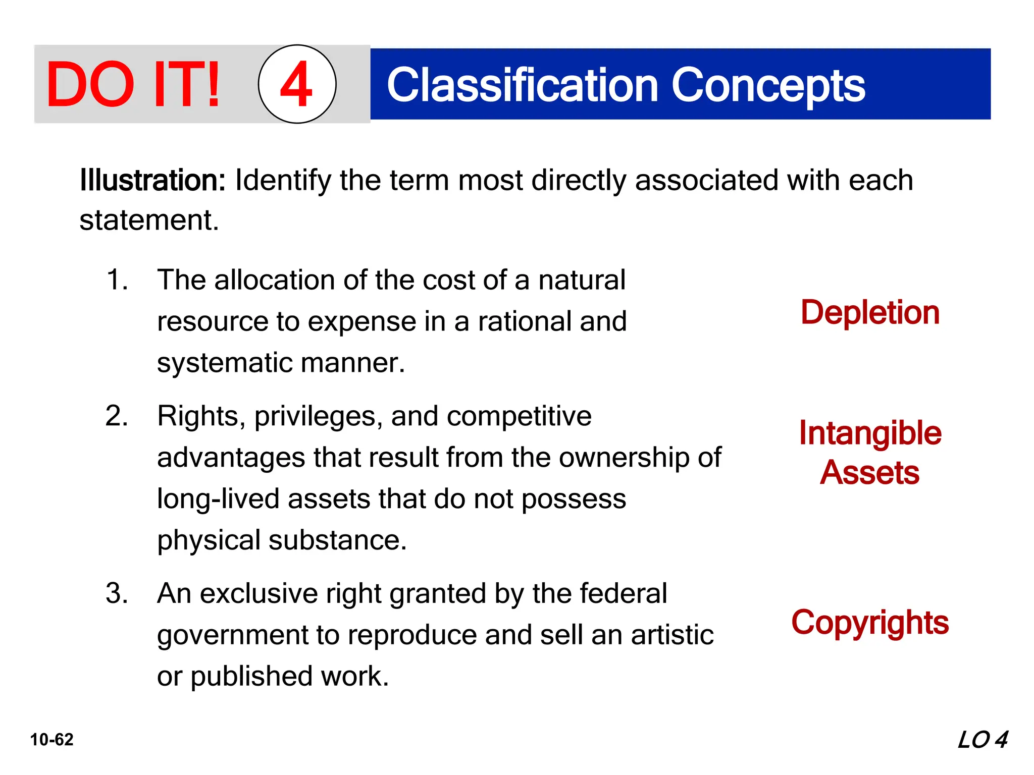 10-62
1. The allocation of the cost of a natural
resource to expense in a rational and
systematic manner.
2. Rights, privileges, and competitive
advantages that result from the ownership of
long-lived assets that do not possess
physical substance.
3. An exclusive right granted by the federal
government to reproduce and sell an artistic
or published work.
Depletion
Intangible
Assets
Copyrights
Illustration: Identify the term most directly associated with each
statement.
LO 4
DO IT! Classification Concepts
4
 