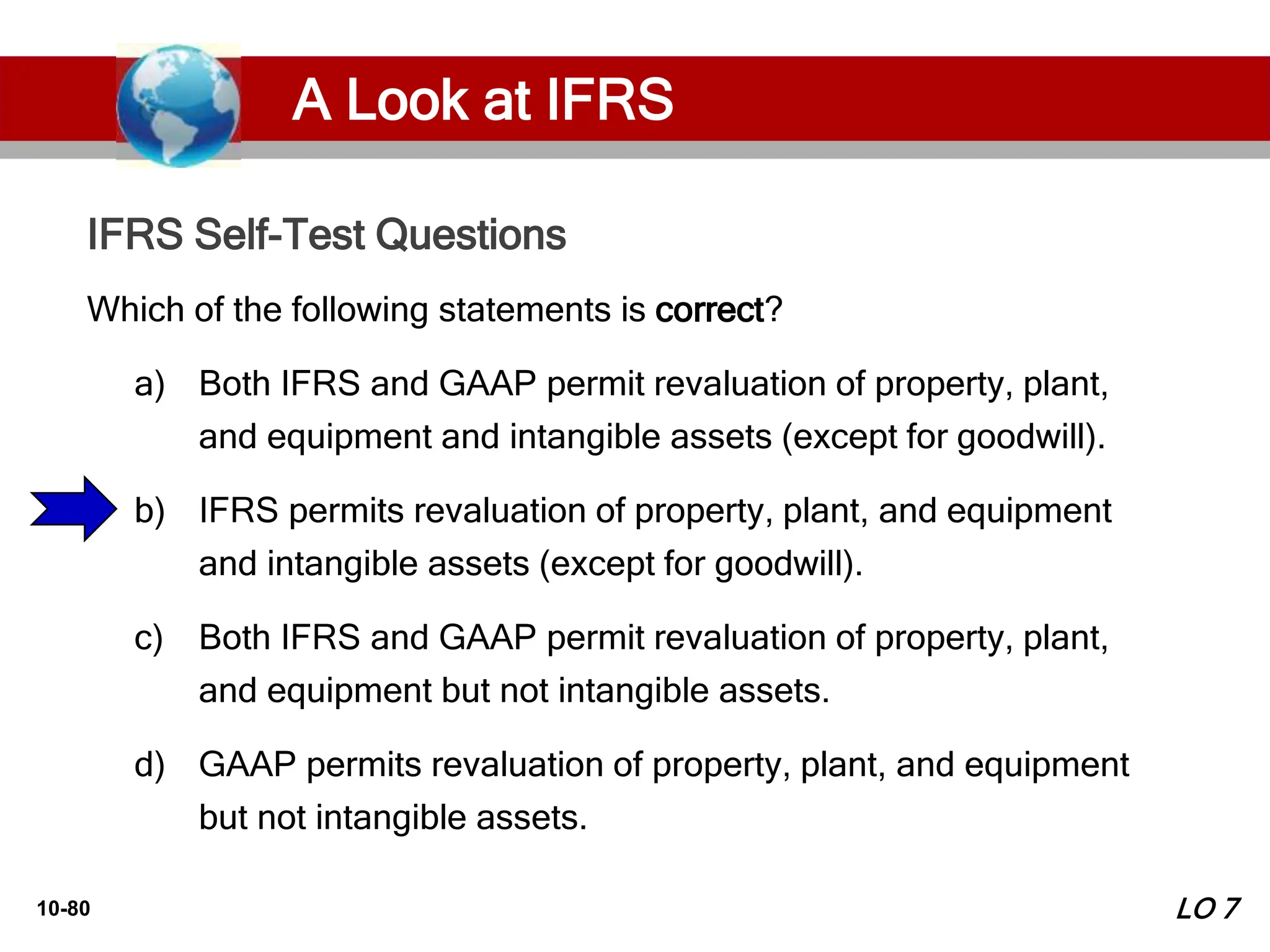 10-80
Which of the following statements is correct?
a) Both IFRS and GAAP permit revaluation of property, plant,
and equipment and intangible assets (except for goodwill).
b) IFRS permits revaluation of property, plant, and equipment
and intangible assets (except for goodwill).
c) Both IFRS and GAAP permit revaluation of property, plant,
and equipment but not intangible assets.
d) GAAP permits revaluation of property, plant, and equipment
but not intangible assets.
IFRS Self-Test Questions
LO 7
A Look at IFRS
 