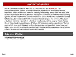 10-15
THE MISSING CONTROLS
Documentation procedures. The company’s accounting system was a disorganized collection
of non-integrated systems, which resulted from a series of corporate acquisitions. Top
management took advantage of this disorganization to conceal its fraudulent activities.
Independent internal verification. A fraud of this size should have been detected by a routine
comparison of the actual physical assets with the list of physical assets shown in the accounting
records.
Total take: $7 billion
ANATOMY OF A FRAUD
Bernie Ebers was the founder and CEO of the phone company WorldCom. The
company engaged in a series of increasingly large, debt-financed acquisitions of other
companies. These acquisitions made the company grow quickly, which made the stock price
increase dramatically. However, because the acquired companies all had different accounting
systems, WorldCom’s financial records were a mess. When WorldCom’s performance started
to flatten out, Bernie coerced WorldCom’s accountants to engage in a number of fraudulent
activities to make net income look better than it really was and thus prop up the stock price.
One of these frauds involved treating $7 billion of line costs as capital expenditures. The line
costs, which were rental fees paid to other phone companies to use their phone lines, had
always been properly expensed in previous years. Capitalization delayed expense recognition
to future periods and thus boosted current-period profits.
LO 1
 