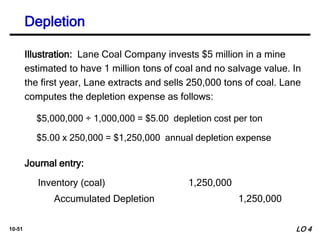 10-51
Illustration: Lane Coal Company invests $5 million in a mine
estimated to have 1 million tons of coal and no salvage value. In
the first year, Lane extracts and sells 250,000 tons of coal. Lane
computes the depletion expense as follows:
$5,000,000 ÷ 1,000,000 = $5.00 depletion cost per ton
$5.00 x 250,000 = $1,250,000 annual depletion expense
Inventory (coal) 1,250,000
Accumulated Depletion 1,250,000
Journal entry:
LO 4
Depletion
 