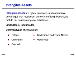 10-52
Intangible assets are rights, privileges, and competitive
advantages that result from ownership of long-lived assets
that do not possess physical substance.
 Patents
 Copyrights
 Goodwill
 Trademarks and Trade Names
 Franchises
Limited life or indefinite life.
Common types of intangibles:
Intangible Assets
LO 4
 