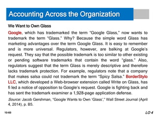 10-60
We Want to Own Glass
Google, which has trademarked the term “Google Glass,” now wants to
trademark the term “Glass.” Why? Because the simple word Glass has
marketing advantages over the term Google Glass. It is easy to remember
and is more universal. Regulators, however, are balking at Google’s
request. They say that the possible trademark is too similar to other existing
or pending software trademarks that contain the word “glass.” Also,
regulators suggest that the term Glass is merely descriptive and therefore
lacks trademark protection. For example, regulators note that a company
that makes salsa could not trademark the term “Spicy Salsa.” BorderStylo
LLC, which developed a Web-browser extension called Write on Glass, has
fi led a notice of opposition to Google’s request. Google is fighting back and
has sent the trademark examiner a 1,928-page application defense.
Source: Jacob Gershman, “Google Wants to Own ‘Glass’,” Wall Street Journal (April
4, 2014), p. B5.
Accounting Across the Organization
LO 4
 