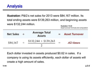 10-66
Each dollar invested in assets produced $0.62 in sales. If a
company is using its assets efficiently, each dollar of assets will
create a high amount of sales.
Analysis
LO 5
Illustration 10-24
Asset turnover formula and computation
Illustration: P&G’s net sales for 2013 were $84,167 million. Its
total ending assets were $139,263 million, and beginning assets
were $132,244 million.
 