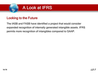 10-79
Looking to the Future
The IASB and FASB have identified a project that would consider
expanded recognition of internally generated intangible assets. IFRS
permits more recognition of intangibles compared to GAAP.
LO 7
A Look at IFRS
 