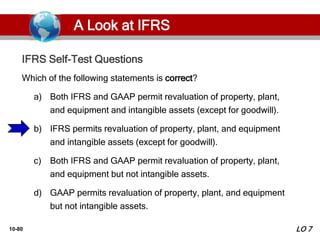 10-80
Which of the following statements is correct?
a) Both IFRS and GAAP permit revaluation of property, plant,
and equipment and intangible assets (except for goodwill).
b) IFRS permits revaluation of property, plant, and equipment
and intangible assets (except for goodwill).
c) Both IFRS and GAAP permit revaluation of property, plant,
and equipment but not intangible assets.
d) GAAP permits revaluation of property, plant, and equipment
but not intangible assets.
IFRS Self-Test Questions
LO 7
A Look at IFRS
 