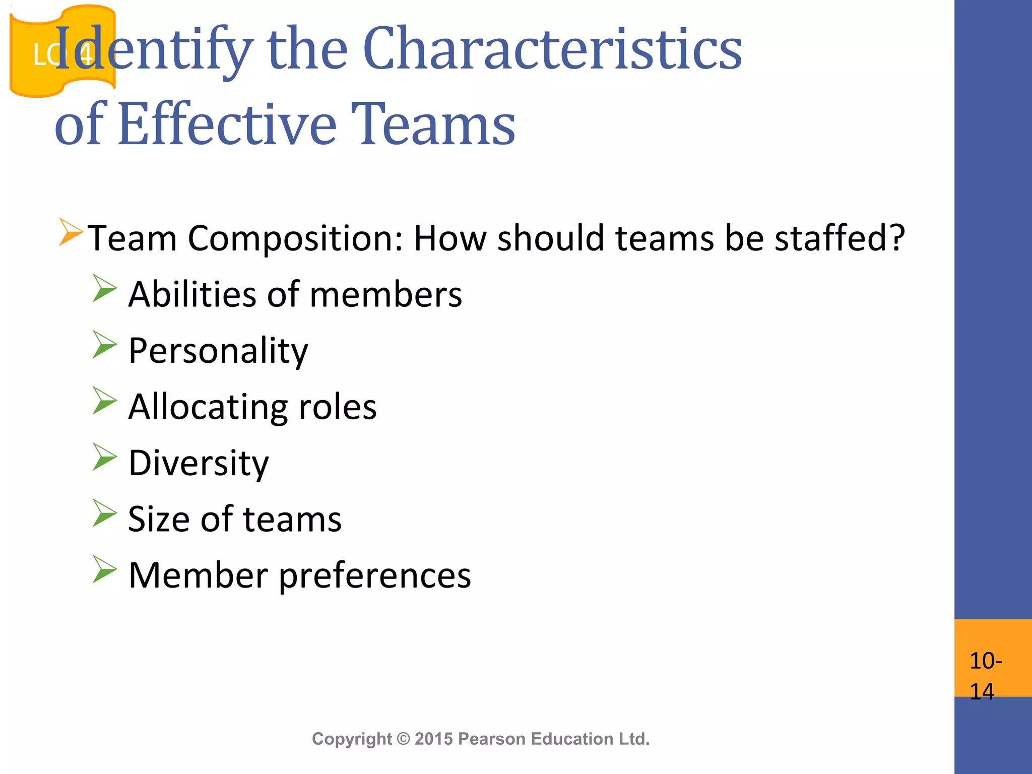 Copyright © 2015 Pearson Education Ltd.
Team Composition: How should teams be staffed?
 Abilities of members
 Personality
 Allocating roles
 Diversity
 Size of teams
 Member preferences
LO 4
10-
14
Identify the Characteristics
of Effective Teams
 