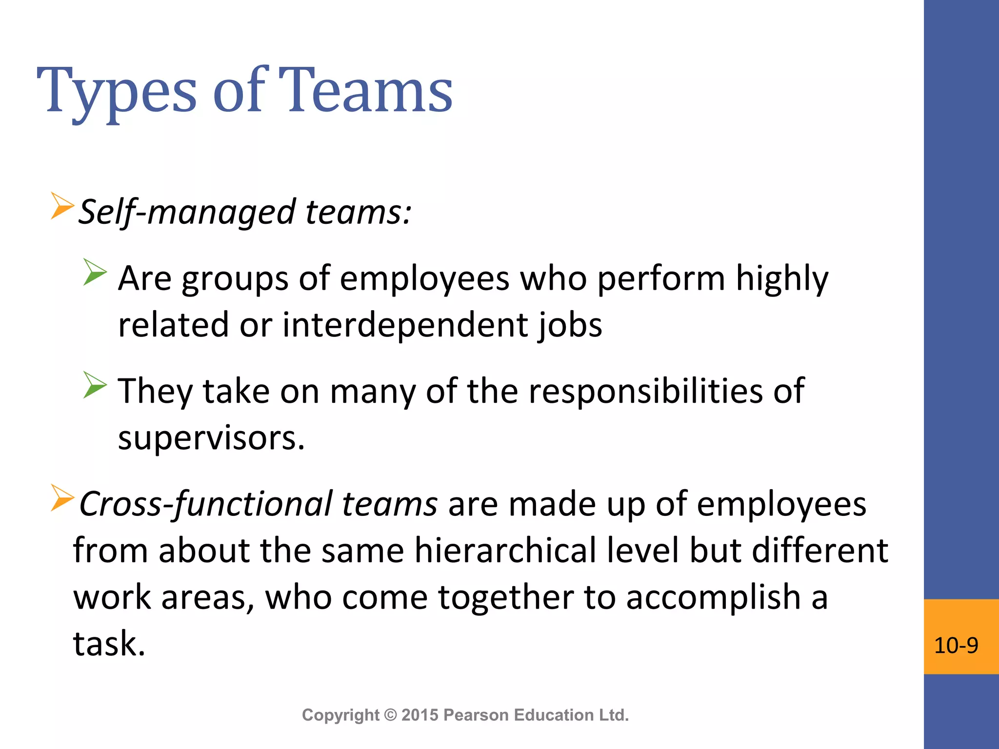 Copyright © 2015 Pearson Education Ltd.
Types of Teams
Self-managed teams:
 Are groups of employees who perform highly
related or interdependent jobs
 They take on many of the responsibilities of
supervisors.
Cross-functional teams are made up of employees
from about the same hierarchical level but different
work areas, who come together to accomplish a
task. 10-9
 