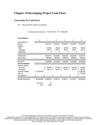 Chapter 10 Developing Project Cash Flows

                  Generating Net Cash Flows
                        10.1 The cash flow chart are as below:


                                       ∴ Annual unit rental rate = $3,034,510 / 50 = $60,690


                        Income Statement
                                                               0               1              2              3               4              5
                        Income Statement
                        Revenue                                            $3,034,510     $3,034,510      $3,034,510     $3,034,510      $3,034,510
                        Expenses:
                          O&M                                                 330,000        380,000         430,000        480,000         530,000
                          Depreciation                                        306,713        320,513         320,513        320,513         306,713
                          Debt interest                                             0              0               0              0               0

                        Taxable Income                                     $2,397,797     $2,333,997      $2,283,997     $2,233,997      $2,197,797
                        Income Taxes                                        $839,229        $816,899        $799,399       $781,899       $769,229

                        Net Income                                         $1,558,568     $1,517,098      $1,484,598     $1,452,098      $1,428,568
                        Cash Flow Statement
                        Cash from operation
                          Net Income                                   $ 1,558,568 $ 1,517,098 $ 1,484,598 $ 1,452,098 $ 1,428,568
                          Depreciation                                 $ 306,713 $ 320,513 $ 320,513 $ 320,513 $            306,713
                        Investment / Salvage            $ (12,500,000)                                                 $ 14,000,000
                        Gains Tax                                                                                      $ (1,076,238)
                        Loan repayment                  $         -    $       -   $       -   $       -   $       -   $        -

                        Net Cash Flow (actual)            ($12,500,000)    $1,865,281     $1,837,611      $1,805,111     $1,772,611    $14,659,043

                                                           PW (15%) =              $3
                                                                IRR =          15.00%




                                Contemporary Engineering Economics, Fourth Edition, By Chan S. Park. ISBN 0-13-187628-7.
    © 2007 Pearson Education, Inc., Upper Saddle River, NJ. All rights reserved. This material is protected by Copyright and written permission should be
obtained from the publisher prior to any prohibited reproduction, storage in a retrieval system, or transmission in any form or by means, electronic, mechanical,
                 photocopying, recording, or likewise. For information regarding permission(s), write to: Rights and Permissions Department,
                                                    Pearson Education, Inc., Upper Saddle River, NJ 07458.
 