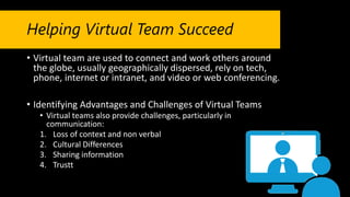 Helping Virtual Team Succeed
• Virtual team are used to connect and work others around
the globe, usually geographically dispersed, rely on tech,
phone, internet or intranet, and video or web conferencing.
• Identifying Advantages and Challenges of Virtual Teams
• Virtual teams also provide challenges, particularly in
communication:
1. Loss of context and non verbal
2. Cultural Differences
3. Sharing information
4. Trustt
 