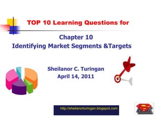 1 TOP 10 Learning Questions for 				Chapter 10 Identifying Market Segments &Targets Sheilanor C. Turingan April 14, 2011 http://sheilanorturingan.blogspot.com 