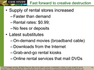 © 2012 Cengage Learning. All Rights Reserved. May not be copied, scanned, or duplicated, in whole or in part, except for use as
permitted in a license distributed with a certain product or service or otherwise on a password-protected website for classroom use.
Fast forward to creative destruction
• Supply of rental stores increased
–Faster than demand
–Rental rates: $0.99;
–No fees or deposits
• Latest substitutes
–On-demand movies (broadband cable)
–Downloads from the Internet
–Grab-and-go rental kiosks
–Online rental services that mail DVDs
11
 