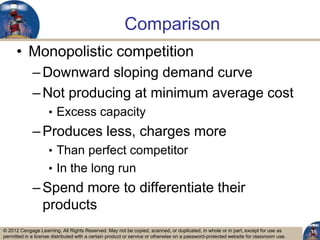 © 2012 Cengage Learning. All Rights Reserved. May not be copied, scanned, or duplicated, in whole or in part, except for use as
permitted in a license distributed with a certain product or service or otherwise on a password-protected website for classroom use.
Comparison
• Monopolistic competition
–Downward sloping demand curve
–Not producing at minimum average cost
• Excess capacity
–Produces less, charges more
• Than perfect competitor
• In the long run
–Spend more to differentiate their
products
15
 