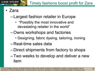 © 2012 Cengage Learning. All Rights Reserved. May not be copied, scanned, or duplicated, in whole or in part, except for use as
permitted in a license distributed with a certain product or service or otherwise on a password-protected website for classroom use.
Timely fashions boost profit for Zara
• Zara
–Largest fashion retailer in Europe
• “Possibly the most innovative and
devastating retailer in the world”
–Owns workshops and factories
• Designing, fabric dyeing, tailoring, ironing
–Real-time sales data
–Direct shipments from factory to shops
–Two weeks to develop and deliver a new
item
39
 