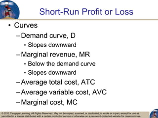 © 2012 Cengage Learning. All Rights Reserved. May not be copied, scanned, or duplicated, in whole or in part, except for use as
permitted in a license distributed with a certain product or service or otherwise on a password-protected website for classroom use.
Short-Run Profit or Loss
• Curves
–Demand curve, D
• Slopes downward
–Marginal revenue, MR
• Below the demand curve
• Slopes downward
–Average total cost, ATC
–Average variable cost, AVC
–Marginal cost, MC
4
 
