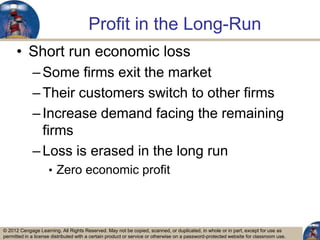 © 2012 Cengage Learning. All Rights Reserved. May not be copied, scanned, or duplicated, in whole or in part, except for use as
permitted in a license distributed with a certain product or service or otherwise on a password-protected website for classroom use.
Profit in the Long-Run
• Short run economic loss
–Some firms exit the market
–Their customers switch to other firms
–Increase demand facing the remaining
firms
–Loss is erased in the long run
• Zero economic profit
8
 
