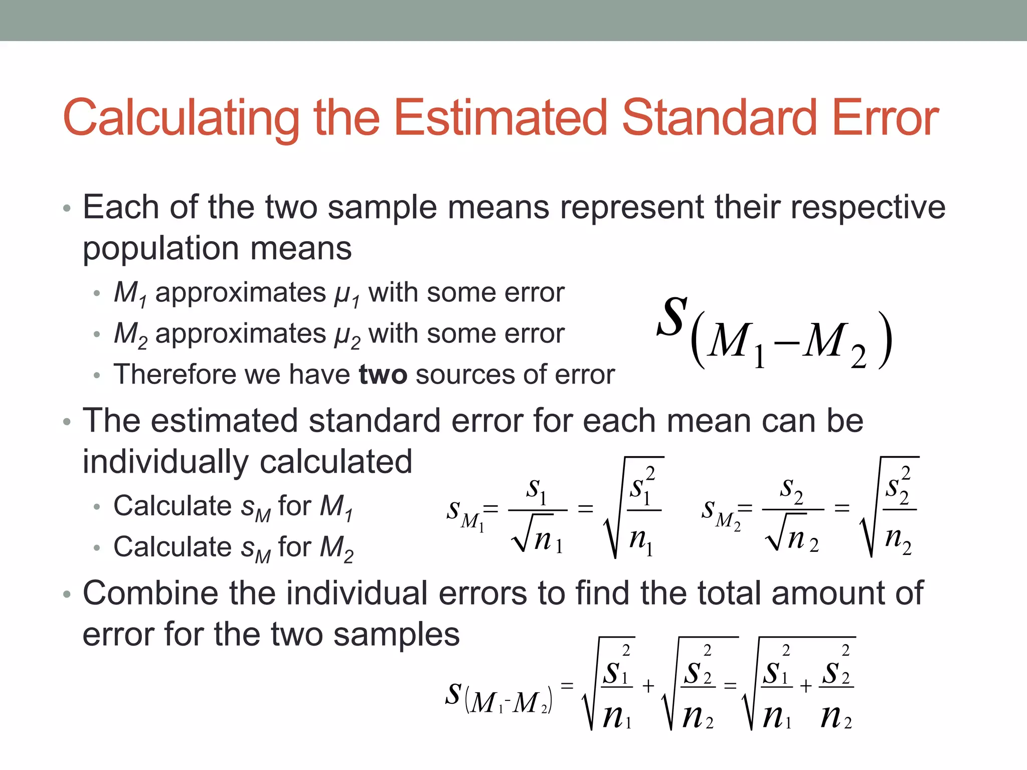 Calculating the Estimated Standard Error
• Each of the two sample means represent their respective
population means
• M1 approximates μ1 with some error
• M2 approximates μ2 with some error
• Therefore we have two sources of error
• The estimated standard error for each mean can be
individually calculated
• Calculate sM for M1
• Calculate sM for M2
• Combine the individual errors to find the total amount of
error for the two samples
 21 MMs 
sM1
=
s1
n1
=
s1
2
n1
1M - 2M( )s = 1
2
s
1n
+ 2
2
s
2n
= 1
2
s
1n
+ 2
2
s
2n
sM2
=
s2
n2
=
s2
2
n2
 