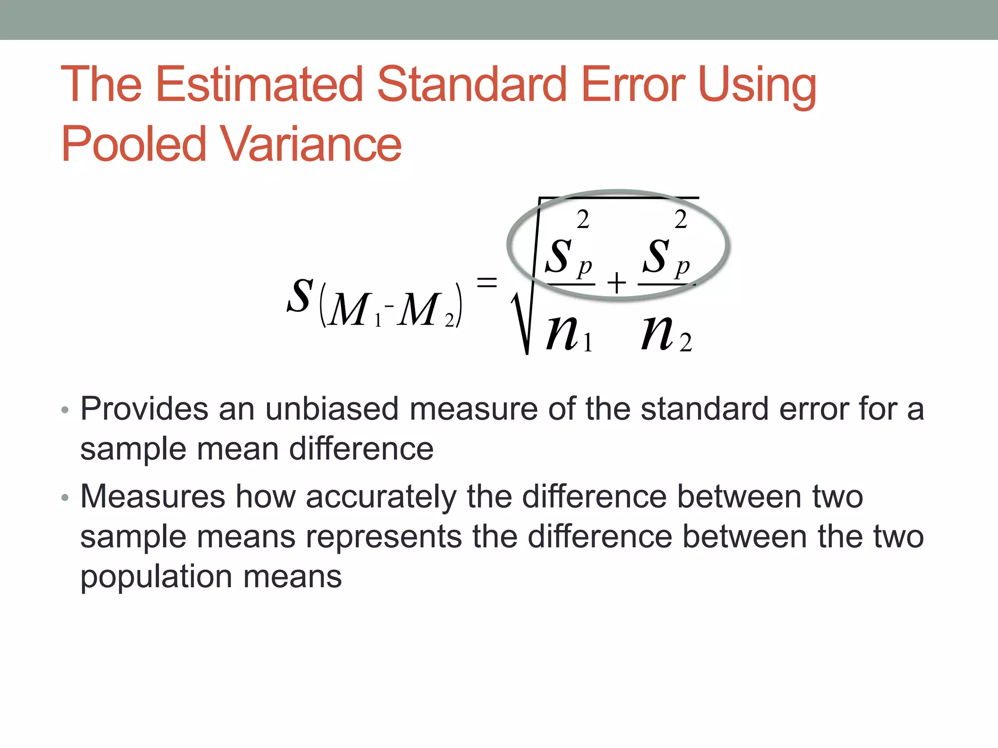 • Provides an unbiased measure of the standard error for a
sample mean difference
• Measures how accurately the difference between two
sample means represents the difference between the two
population means
The Estimated Standard Error Using
Pooled Variance
1M - 2M( )s = p
2
s
1n
+ p
2
s
2n
 