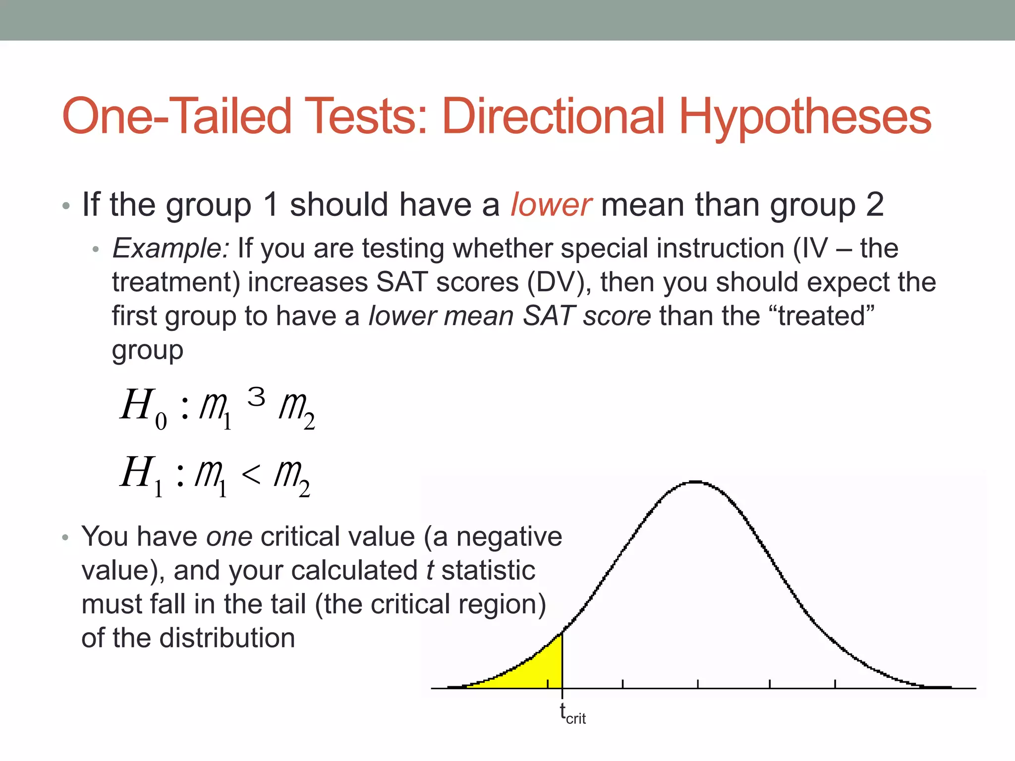 tcrit
One-Tailed Tests: Directional Hypotheses
• If the group 1 should have a lower mean than group 2
• Example: If you are testing whether special instruction (IV – the
treatment) increases SAT scores (DV), then you should expect the
first group to have a lower mean SAT score than the “treated”
group
• You have one critical value (a negative
value), and your calculated t statistic
must fall in the tail (the critical region)
of the distribution
H0 :m1 ³ m2
H1 :m1 < m2
 
