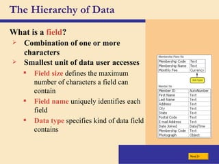 The Hierarchy of Data What is a  field ? Combination of one or more characters Smallest unit of data user accesses Field size   defines the maximum number of characters a field can contain Field name  uniquely identifies each field Data type  specifies kind of data field contains Next 