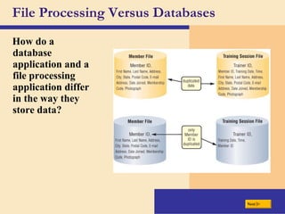 File Processing Versus Databases How do a database application and a file processing application differ in the way they store data? Next 