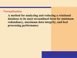 Normalization   A method for analyzing and reducing a relational database to its most streamlined form for minimum redundancy, maximum data integrity, and best processing performance 