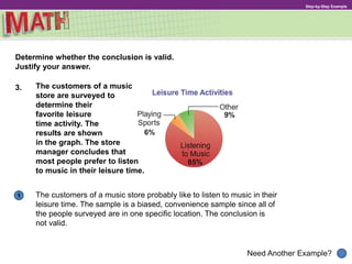 1
Need Another Example?
Step-by-Step Example
3. The customers of a music
store are surveyed to
determine their
favorite leisure
time activity. The
results are shown
in the graph. The store
manager concludes that
most people prefer to listen
to music in their leisure time.
The customers of a music store probably like to listen to music in their
leisure time. The sample is a biased, convenience sample since all of
the people surveyed are in one specific location. The conclusion is
not valid.
Determine whether the conclusion is valid.
Justify your answer.
 