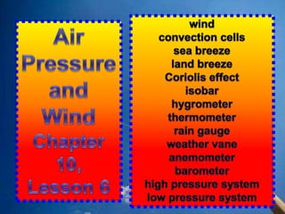 wind convection cells sea breeze land breeze Coriolis effect isobar hygrometer thermometer rain gauge weather vane anemometer barometer high pressure system low pressure system Air Pressure and Wind  Chapter 10, Lesson 6 