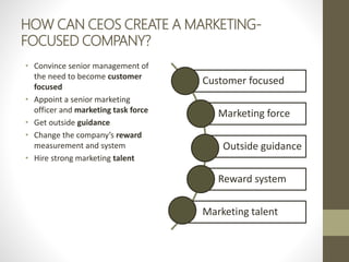 HOW CAN CEOS CREATE A MARKETING-
FOCUSED COMPANY?
• Convince senior management of
the need to become customer
focused
• Appoint a senior marketing
officer and marketing task force
• Get outside guidance
• Change the company’s reward
measurement and system
• Hire strong marketing talent
Customer focused
Marketing force
Outside guidance
Reward system
Marketing talent
 