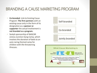 BRANDING A CAUSE MARKETING PROGRAM
• Co-branded: Link to Existing Cause
Program: The firm partners with an
existing cause only in the form of its
designation as a sponsor or
supporter the actual involvement is
not branded as a program.
• Sealyâ sponsorship of NASCAR
victory Junction Gang Camp, which
involves the donation of beds to an
auto racing themed camp for
children with life-threatening
illnesses.
Self-branded
Co-branded
Jointly branded
 