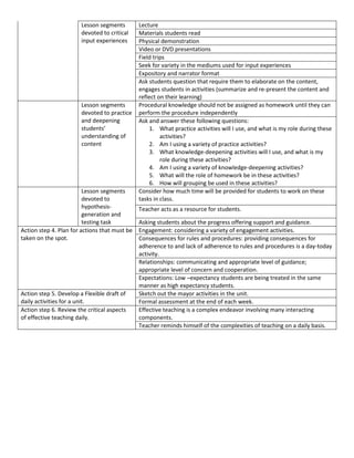 Lesson segments        Lecture
                        devoted to critical    Materials students read
                        input experiences      Physical demonstration
                                               Video or DVD presentations
                                               Field trips
                                               Seek for variety in the mediums used for input experiences
                                               Expository and narrator format
                                               Ask students question that require them to elaborate on the content,
                                               engages students in activities (summarize and re-present the content and
                                               reflect on their learning)
                        Lesson segments        Procedural knowledge should not be assigned as homework until they can
                        devoted to practice    perform the procedure independently
                        and deepening          Ask and answer these following questions:
                        students’                  1. What practice activities will I use, and what is my role during these
                        understanding of                activities?
                        content                    2. Am I using a variety of practice activities?
                                                   3. What knowledge-deepening activities will I use, and what is my
                                                        role during these activities?
                                                   4. Am I using a variety of knowledge-deepening activities?
                                                   5. What will the role of homework be in these activities?
                                                   6. How will grouping be used in these activities?
                         Lesson segments       Consider how much time will be provided for students to work on these
                         devoted to            tasks in class.
                         hypothesis-           Teacher acts as a resource for students.
                         generation and
                         testing task          Asking students about the progress offering support and guidance.
Action step 4. Plan for actions that must be   Engagement: considering a variety of engagement activities.
taken on the spot.                             Consequences for rules and procedures: providing consequences for
                                               adherence to and lack of adherence to rules and procedures is a day-today
                                               activity.
                                               Relationships: communicating and appropriate level of guidance;
                                               appropriate level of concern and cooperation.
                                               Expectations: Low –expectancy students are being treated in the same
                                               manner as high expectancy students.
Action step 5. Develop a Flexible draft of     Sketch out the mayor activities in the unit.
daily activities for a unit.                   Formal assessment at the end of each week.
Action step 6. Review the critical aspects     Effective teaching is a complex endeavor involving many interacting
of effective teaching daily.                   components.
                                               Teacher reminds himself of the complexities of teaching on a daily basis.
 