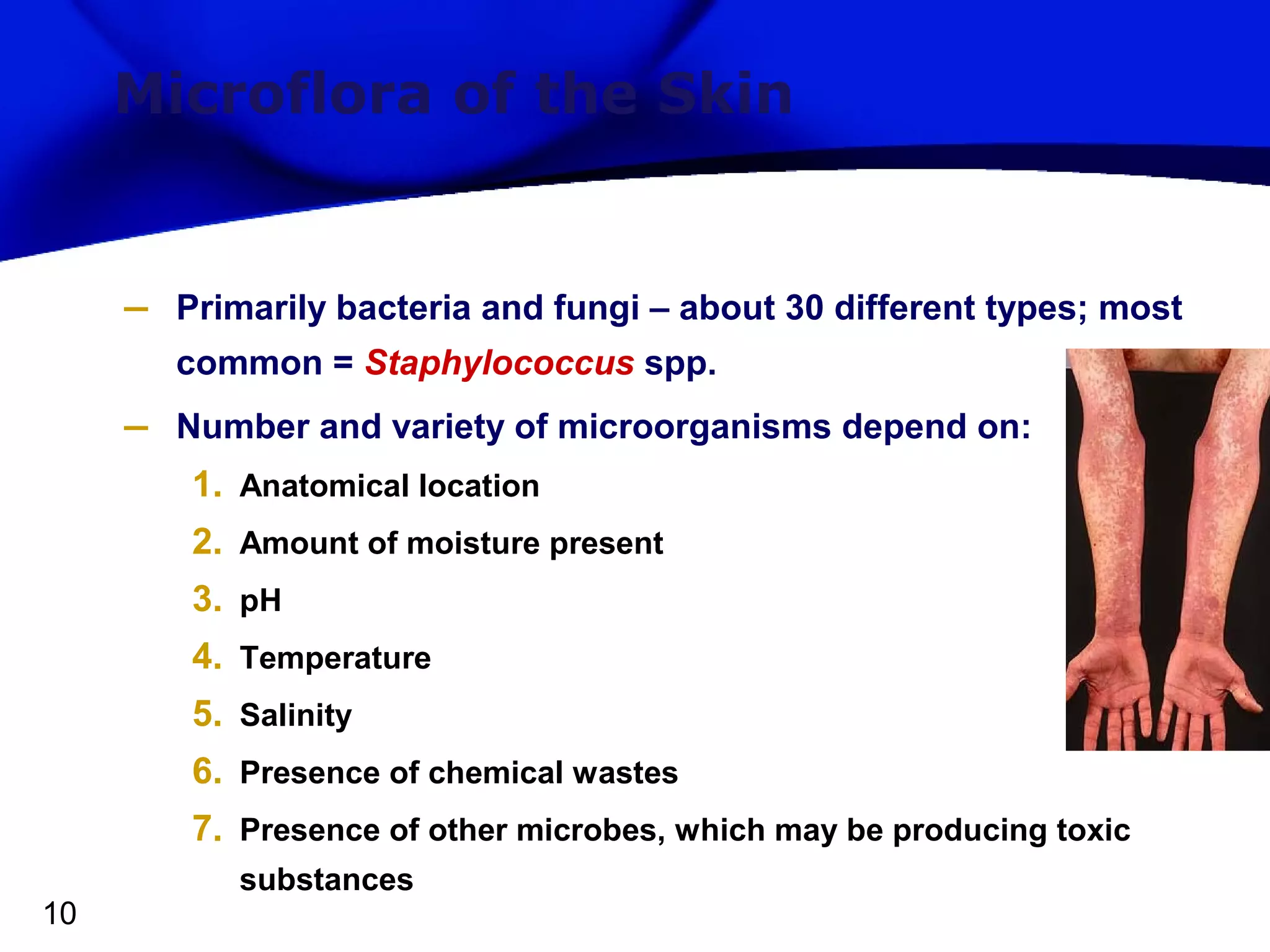 Microflora of the Skin

–

Primarily bacteria and fungi – about 30 different types; most
common = Staphylococcus spp.

–

Number and variety of microorganisms depend on:

1. Anatomical location
2. Amount of moisture present
3. pH
4. Temperature
5. Salinity
6. Presence of chemical wastes
7. Presence of other microbes, which may be producing toxic
10

substances

 