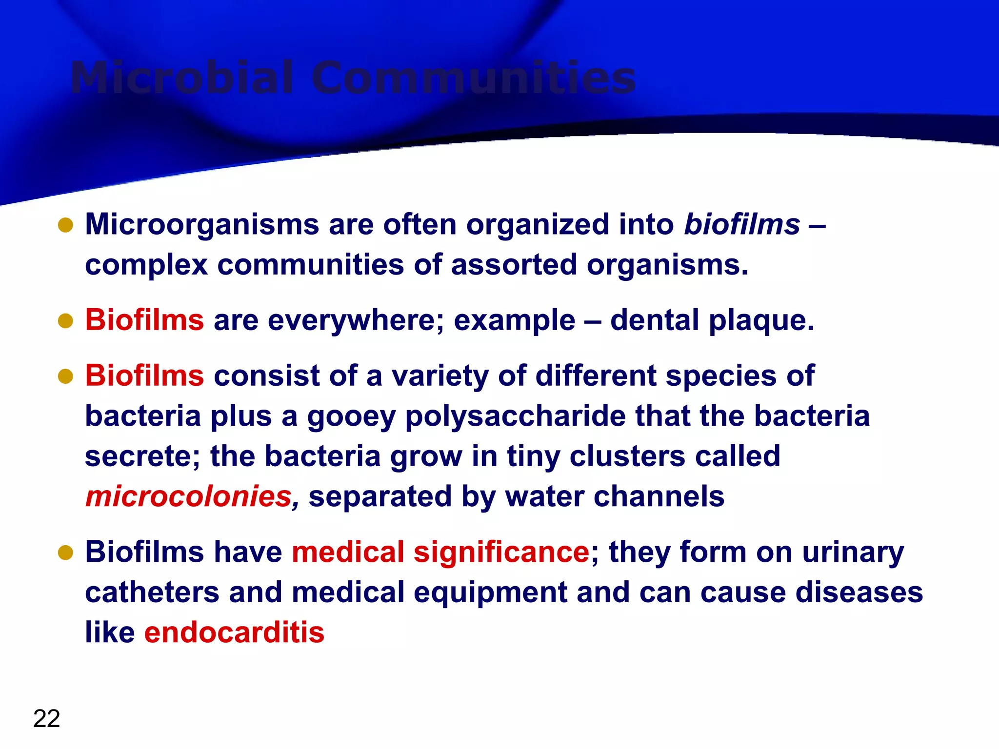 Microbial Communities
• Microorganisms are often organized into biofilms –
complex communities of assorted organisms.

• Biofilms are everywhere; example – dental plaque.
• Biofilms consist of a variety of different species of

bacteria plus a gooey polysaccharide that the bacteria
secrete; the bacteria grow in tiny clusters called
microcolonies, separated by water channels

• Biofilms have medical significance; they form on urinary

catheters and medical equipment and can cause diseases
like endocarditis

22

 