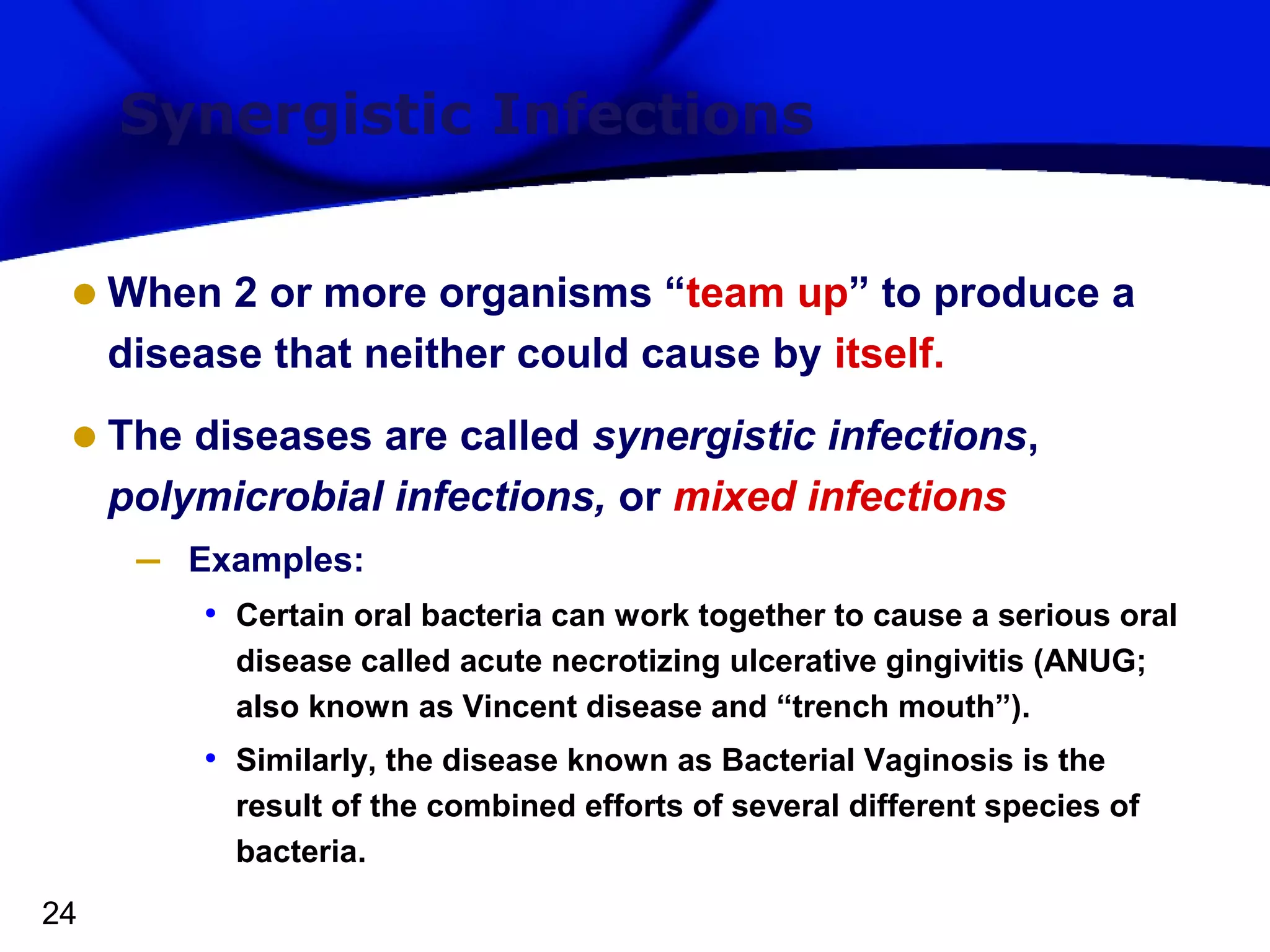 Synergistic Infections

• When 2 or more organisms “team up” to produce a
disease that neither could cause by itself.

• The diseases are called synergistic infections,
polymicrobial infections, or mixed infections

–

Examples:

• Certain oral bacteria can work together to cause a serious oral
disease called acute necrotizing ulcerative gingivitis (ANUG;
also known as Vincent disease and “trench mouth”).

• Similarly, the disease known as Bacterial Vaginosis is the
result of the combined efforts of several different species of
bacteria.
24

 