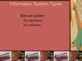 11
Information System Types
Manual system
No hardware
No software
 