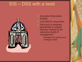 23
EIS – DSS with a twist
Executive Information
System
Just DSS for executives
Each tool is designed
specifically to support
decision making at the
executive levels of
management
Primarily the tactical and
strategic levels
 