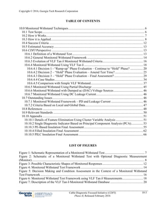 Copyright © 2016, Georgia Tech Research Corporation
Cable Diagnostic Focused Initiative (CDFI)
Phase II, Released February 2016
10-3
TABLE OF CONTENTS
10.0 Monitored Withstand Techniques................................................................................................ 6 
10.1 Test Scope................................................................................................................................. 6 
10.2 How it Works............................................................................................................................ 7 
10.3 How it is Applied...................................................................................................................... 8 
10.4 Success Criteria ...................................................................................................................... 12 
10.5 Estimated Accuracy................................................................................................................ 13 
10.6 CDFI Perspective ................................................................................................................... 13 
10.6.1 Definition of a Withstand Test......................................................................................... 13 
10.6.2 General Monitored Withstand Framework ...................................................................... 14 
10.6.3 Evolution of VLF Tan δ Monitored Withstand Criteria................................................... 16 
10.6.4 Monitored Withstand Using VLF Tan δ .......................................................................... 18 
10.6.4.1 Decision 1 - “Ramp-up” Phase Evaluation – Continue to “Hold” Phase? ................ 20 
10.6.4.2 Decision 2 – “Hold” Phase Evaluation – Amend Test Time? ................................... 25 
10.6.4.3 Decision 3 – “Hold” Phase Evaluation – Final Assessment? .................................... 29 
10.6.4.4 Case Studies............................................................................................................... 34 
10.6.4.5 Comparison with Simple VLF Withstand.................................................................. 37 
10.6.5 Monitored Withstand Using Partial Discharge ................................................................ 45 
10.6.6 Monitored Withstand with Damped ac (DAC) Voltage Sources..................................... 46 
10.6.7 Monitored Withstand Using DC Leakage Current........................................................... 46 
10.7 Outstanding Issues.................................................................................................................. 46 
10.7.1 Monitored Withstand Framework – PD and Leakage Current ........................................ 46 
10.7.2 Criteria Based on Local and Global Data......................................................................... 47 
10.8 References .............................................................................................................................. 48 
10.9 Relevant Standards ................................................................................................................. 50 
10.10 Appendix .............................................................................................................................. 51 
10.10.1 Details of Feature Elimination Using Cluster Variable Analysis .................................. 51 
10.10.2 Single Diagnostic Indicator Based on Principal Component Analysis (PCA)............... 53 
10.10.3 PE-Based Insulation Final Assessment.......................................................................... 55 
10.10.4 Filled Insulation Final Assessment ................................................................................ 62 
10.10.5 PILC Insulation Final Assessment................................................................................. 66 
LIST OF FIGURES
Figure 1: Schematic Representation of a Monitored Withstand Test.................................................. 7 
Figure 2: Schematic of a Monitored Withstand Test with Optional Diagnostic Measurement
(Monitor).............................................................................................................................................. 8 
Figure 3: Possible Characteristic Shapes of Monitored Responses................................................... 12 
Figure 4: Monitored Withstand Test Framework .............................................................................. 14 
Figure 5: Decision Making and Condition Assessment in the Context of a Monitored Withstand
Test Framework ................................................................................................................................. 16 
Figure 6: Monitored Withstand Test Framework using VLF Tan δ Measurements.......................... 18 
Figure 7: Description of the VLF Tan δ Monitored Withstand Database ......................................... 20 
 