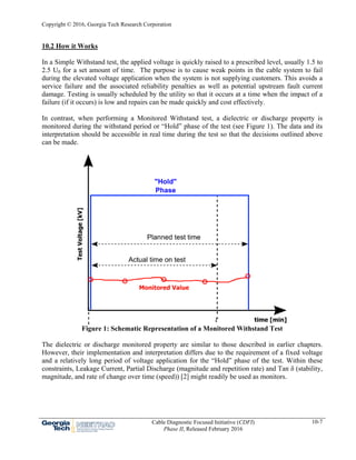 Copyright © 2016, Georgia Tech Research Corporation
Cable Diagnostic Focused Initiative (CDFI)
Phase II, Released February 2016
10-7
10.2 How it Works
In a Simple Withstand test, the applied voltage is quickly raised to a prescribed level, usually 1.5 to
2.5 U0 for a set amount of time. The purpose is to cause weak points in the cable system to fail
during the elevated voltage application when the system is not supplying customers. This avoids a
service failure and the associated reliability penalties as well as potential upstream fault current
damage. Testing is usually scheduled by the utility so that it occurs at a time when the impact of a
failure (if it occurs) is low and repairs can be made quickly and cost effectively.
In contrast, when performing a Monitored Withstand test, a dielectric or discharge property is
monitored during the withstand period or “Hold” phase of the test (see Figure 1). The data and its
interpretation should be accessible in real time during the test so that the decisions outlined above
can be made.
Figure 1: Schematic Representation of a Monitored Withstand Test
The dielectric or discharge monitored property are similar to those described in earlier chapters.
However, their implementation and interpretation differs due to the requirement of a fixed voltage
and a relatively long period of voltage application for the “Hold” phase of the test. Within these
constraints, Leakage Current, Partial Discharge (magnitude and repetition rate) and Tan δ (stability,
magnitude, and rate of change over time (speed)) [2] might readily be used as monitors.
 