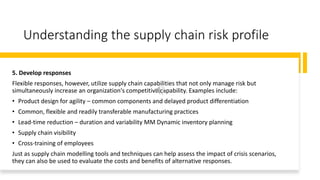 Understanding the supply chain risk profile
5. Develop responses
Flexible responses, however, utilize supply chain capabilities that not only manage risk but
simultaneously increase an organization's competitive capability. Examples include:
• Product design for agility – common components and delayed product differentiation
• Common, flexible and readily transferable manufacturing practices
• Lead-time reduction – duration and variability MM Dynamic inventory planning
• Supply chain visibility
• Cross-training of employees
Just as supply chain modelling tools and techniques can help assess the impact of crisis scenarios,
they can also be used to evaluate the costs and benefits of alternative responses.
 