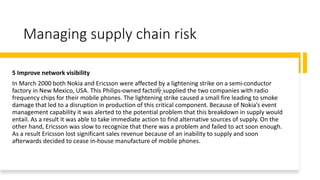 Managing supply chain risk
5 Improve network visibility
In March 2000 both Nokia and Ericsson were affected by a lightening strike on a semi-conductor
factory in New Mexico, USA. This Philips-owned factory supplied the two companies with radio
frequency chips for their mobile phones. The lightening strike caused a small fire leading to smoke
damage that led to a disruption in production of this critical component. Because of Nokia’s event
management capability it was alerted to the potential problem that this breakdown in supply would
entail. As a result it was able to take immediate action to find alternative sources of supply. On the
other hand, Ericsson was slow to recognize that there was a problem and failed to act soon enough.
As a result Ericsson lost significant sales revenue because of an inability to supply and soon
afterwards decided to cease in-house manufacture of mobile phones.
 