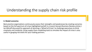 Understanding the supply chain risk profile
4. Model scenarios
Best-practice organizations continuously assess their strengths and weaknesses by creating scenarios
based on the full spectrum of crises highlighted earlier. In a recent Harvard Business Review article,1
Ian Mitroff discussed his approach of spinning a ‘Wheel of Crises’ to challenge executives to think
creatively and randomly. Using supply chain modelling tools to simulate the impact of crises is also
useful in gauging risk levels for your trading partners.
 