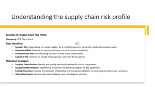 Understanding the supply chain risk profile
Example of a Supply Chain Risk Profile
Company: XYZ Electronics
Risks Identified:
• Supplier Risk: Dependency on a single supplier for a critical component, located in a politically unstable region.
• Operational Risk: Potential for equipment failure in a key manufacturing facility.
• Environmental Risk: Manufacturing facility in an area prone to hurricanes.
• Logistical Risk: Reliance on a single shipping route vulnerable to disruptions.
Mitigation Strategies:
• Supplier Diversification: Identify and qualify additional suppliers for critical components.
• Equipment Maintenance: Implement a preventive maintenance program for key equipment.
• Facility Relocation: Evaluate the feasibility of relocating the manufacturing facility or enhancing its resilience to hurricanes.
• Alternative Routes: Develop alternative shipping routes and logistics partners.
 