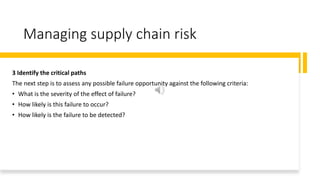 Managing supply chain risk
3 Identify the critical paths
The next step is to assess any possible failure opportunity against the following criteria:
• What is the severity of the effect of failure?
• How likely is this failure to occur?
• How likely is the failure to be detected?
 