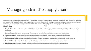 Managing risk in the supply chain
Managing risk in the supply chain involves a systematic approach to identifying, assessing, mitigating, and monitoring potential
disruptions that could affect the flow of goods and services. Effective risk management ensures business continuity, enhances
resilience, and protects the company's financial health. Here’s a detailed guide on managing supply chain risk:
Identify Risks
• Supply Risks: These include supplier reliability issues, quality problems, geopolitical instability, and dependency on single
suppliers.
• Demand Risks: Changes in consumer preferences, market volatility, and inaccurate demand forecasting.
• Operational Risks: Internal process failures, equipment malfunctions, labor strikes, and production delays.
• Environmental Risks: Natural disasters (earthquakes, floods, hurricanes), pandemics, and climate change impacts.
• Financial Risks: Currency fluctuations, credit risks, economic downturns, and bankruptcy of suppliers.
• Regulatory Risks: Changes in trade policies, tariffs, customs regulations, and compliance requirements.
 