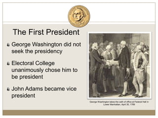 The First PresidentGeorge Washington did not seek the presidencyElectoral College unanimously chose him to be presidentJohn Adams became vice presidentGeorge Washington takes the oath of office at Federal Hall in Lower Manhattan, April 30, 1789