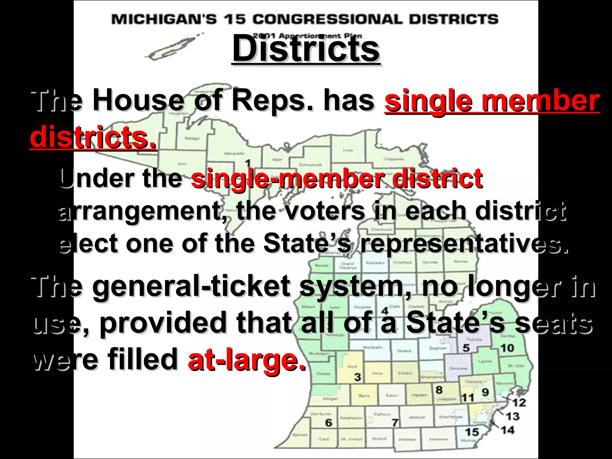 DistrictsDistricts
• The House of Reps. hasThe House of Reps. has single membersingle member
districts.districts.
– Under theUnder the single-member districtsingle-member district
arrangement, the voters in each districtarrangement, the voters in each district
elect one of the State’s representatives.elect one of the State’s representatives.
• The general-ticket system, no longer inThe general-ticket system, no longer in
use, provided that all of a State’s seatsuse, provided that all of a State’s seats
were filledwere filled at-large.at-large.
 