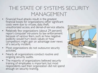 THE STATE OF SYSTEMS SECURITY
             MANAGEMENT
• Financial fraud attacks result in the greatest
  ﬁnancial losses for organizations; other signiﬁcant
  costs were due to viruses, data theft,
  unauthorized access, and denial-of-service attacks.
• Relatively few organizations (about 29 percent)
  report computer intrusions to law enforcement
  because of various fears, such as how negative
  publicity would hurt stock values or how
  competitors might gain an advantage over news
  of a security incident.
• Most organizations do not outsource security
  activities.
• Nearly all organizations conduct routine and
  ongoing security audits.
• The majority of organizations believed security
  training of employees is important, but most
  respondents said their organization did not spend
  enough on security training.
 