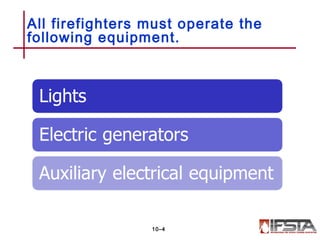 All firefighters must operate the
following equipment.
10–4
 