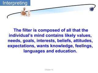 Interpreting




    The filter is composed of all that the
  individual’s mind contains likely values,
  needs, goals, interests, beliefs, attitudes,
  expectations, wants knowledge, feelings,
         languages and education.



                     Chapter 10
 