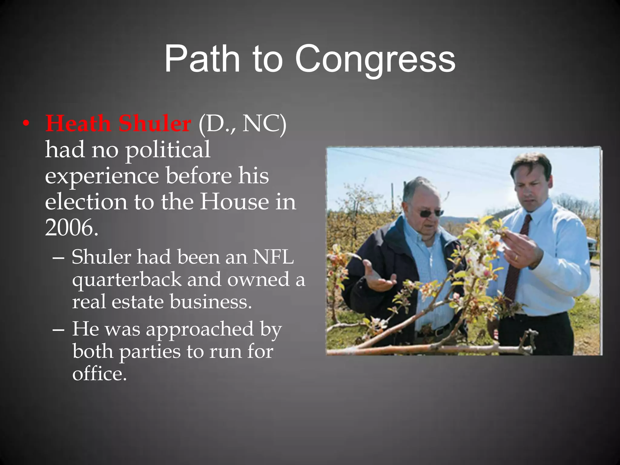 Path to Congress
• Heath Shuler (D., NC)
had no political
experience before his
election to the House in
2006.
– Shuler had been an NFL
quarterback and owned a
real estate business.
– He was approached by
both parties to run for
office.
 